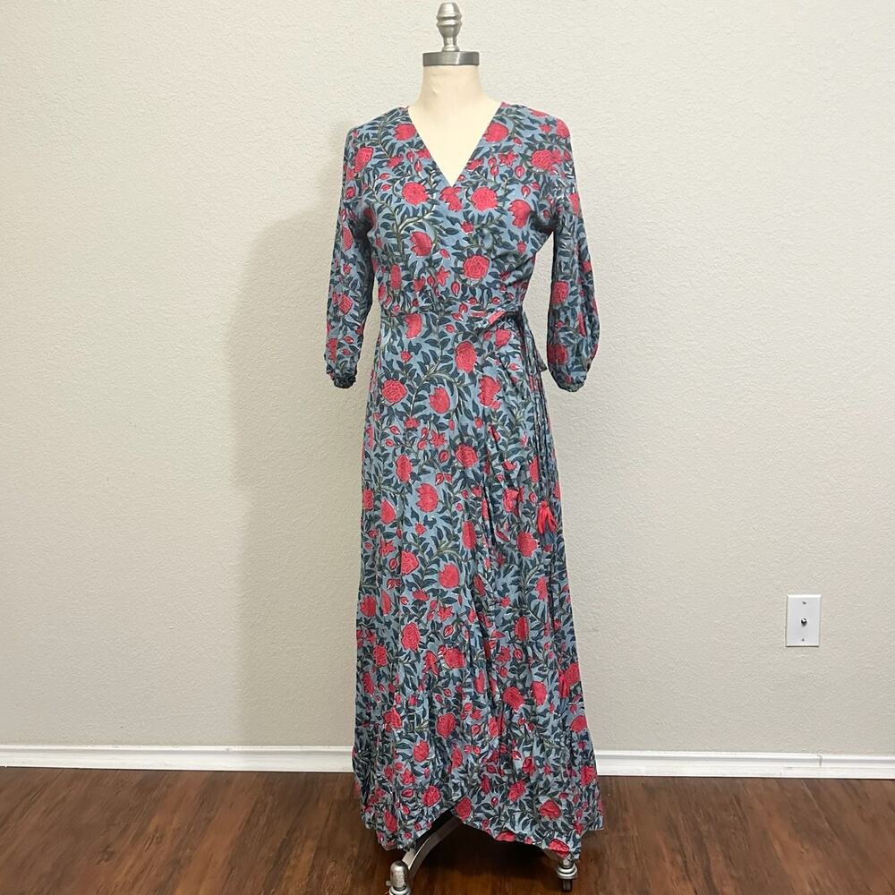 TALULA Maxi Dress Blue Red Floral Tie Wrap Cotton Ruffled Puff Sleeve